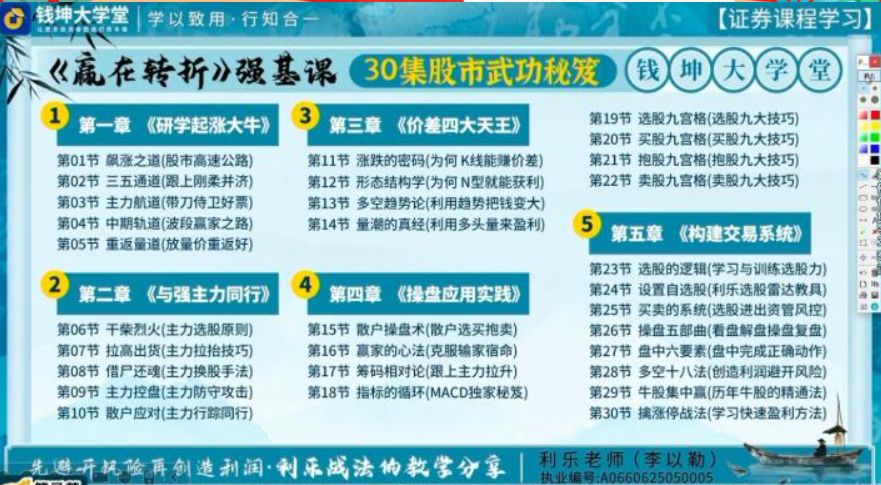 钱坤利乐老师 赢在转折 强基课30集股市武功秘笈+指标资料